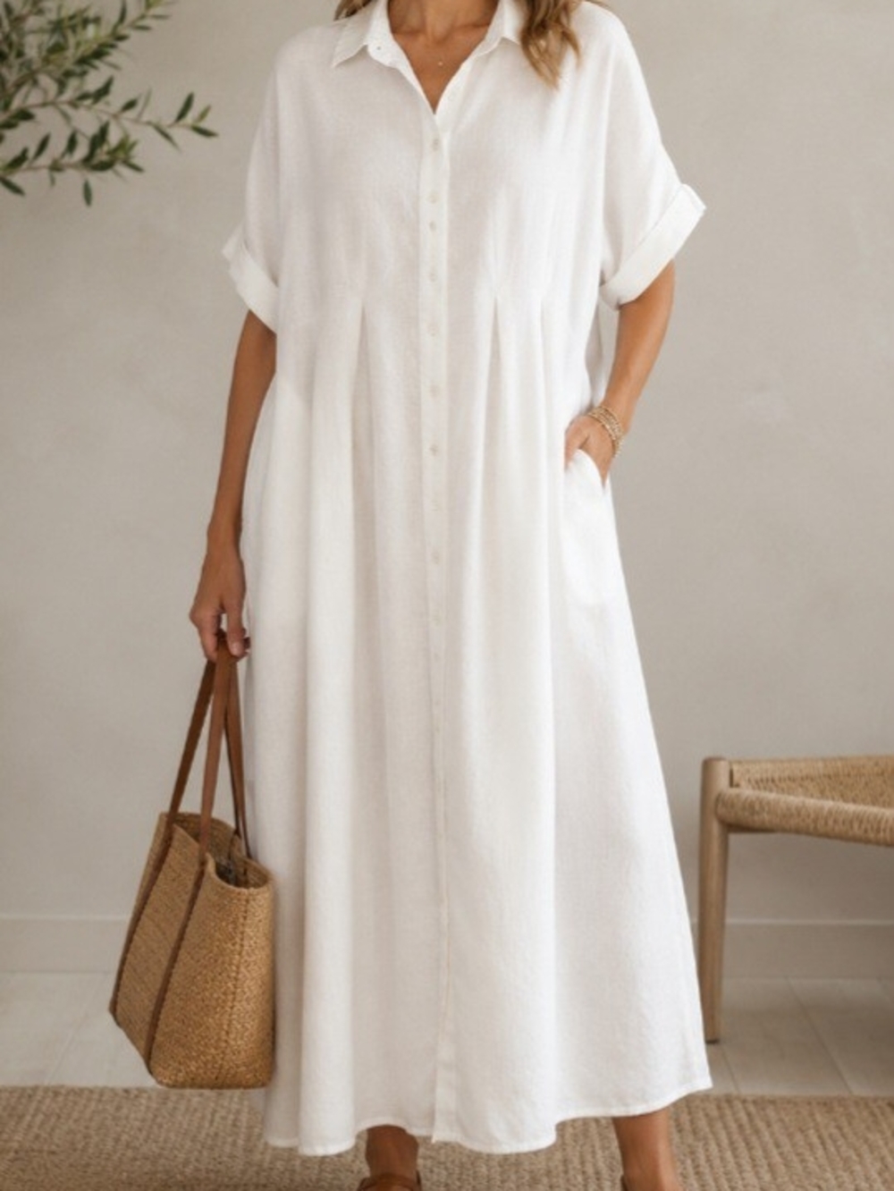 Exquise Anthropologie Tobie Linen Pleated Maxi Shirt Dress - Size L